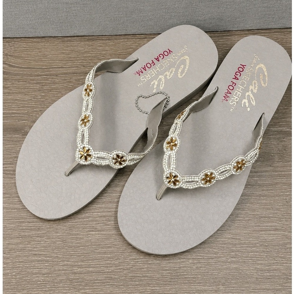 Skechers Cali Yoga Foam Taupe Rhinestone Floral Flip Flop Sandals Womens Size 8 - Picture 6 of 8